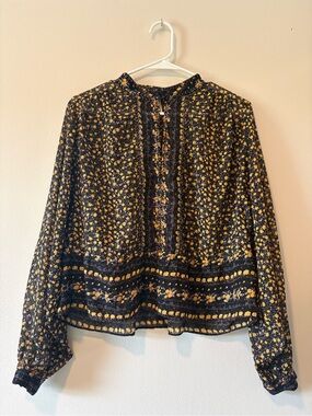 Free People Black Blouse with Yellow Floral Print